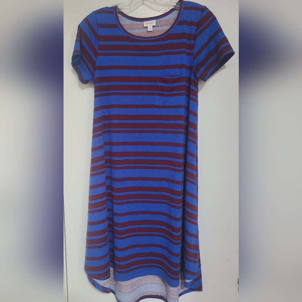 NWOT LuLaRoe Carly dress, Blue with Red Stripes, t-shirt material.